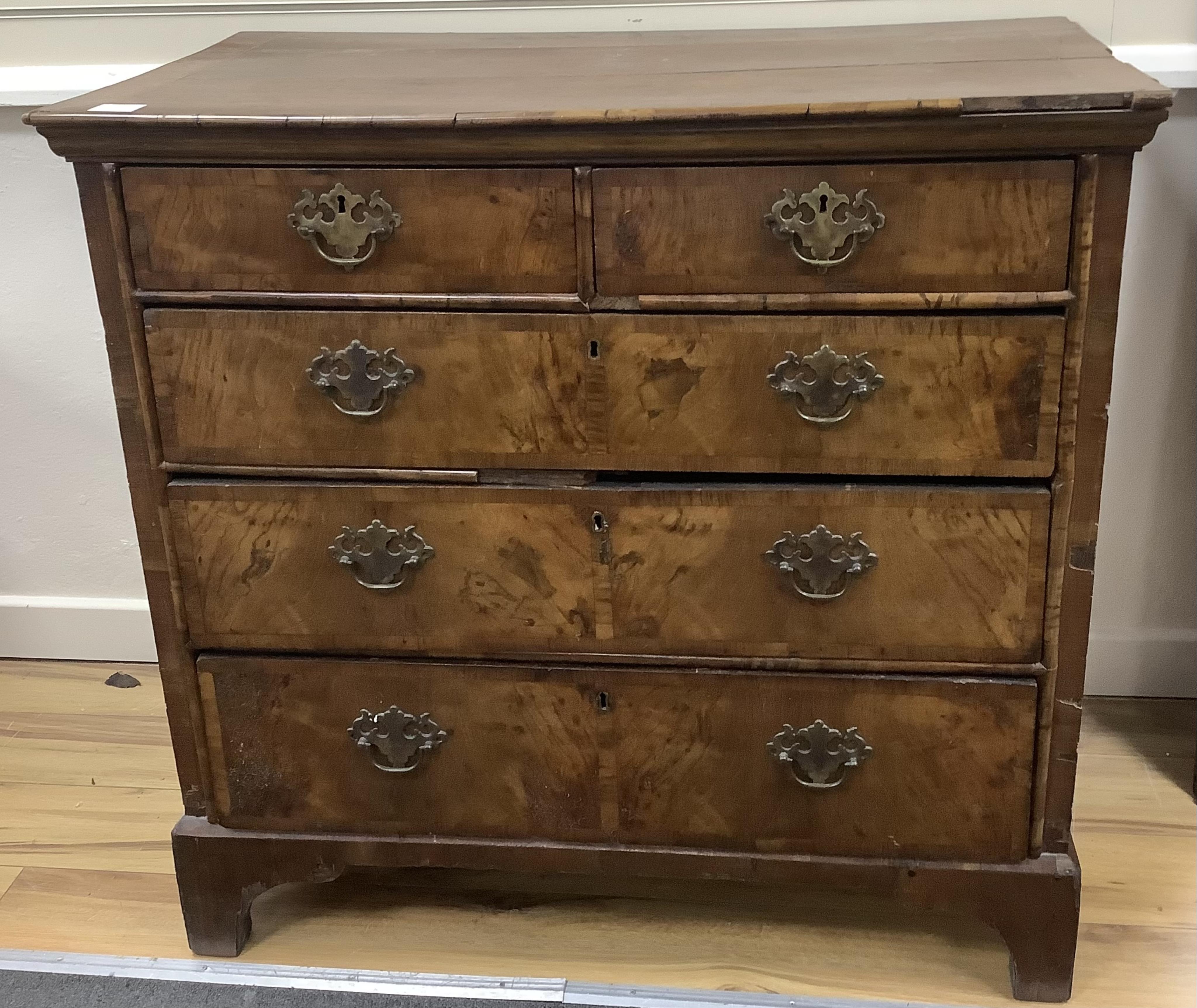 An 18th century walnut chest of drawers, width 96cm, depth 53cm, height 92cm. Condition - poor